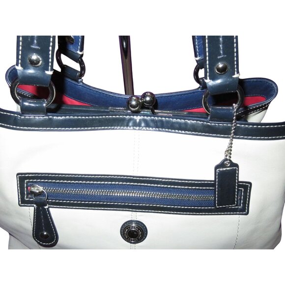 Coach 2010 Laura Spectator White Leather Navy Trim Framed Kisslock Handbag - Picture 8 of 14